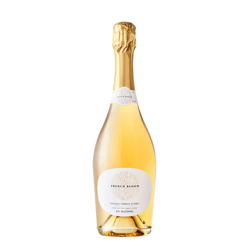 Le "Blanc", French Bloom bottle of organic sparkling wine with elegant design and golden hue.