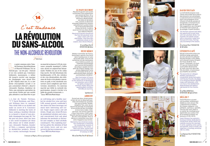 Article on La Révolution du Sans-Alcool / The Non-Alcoholic Revolution featuring highlights from Paris Vous Aime Magazine.