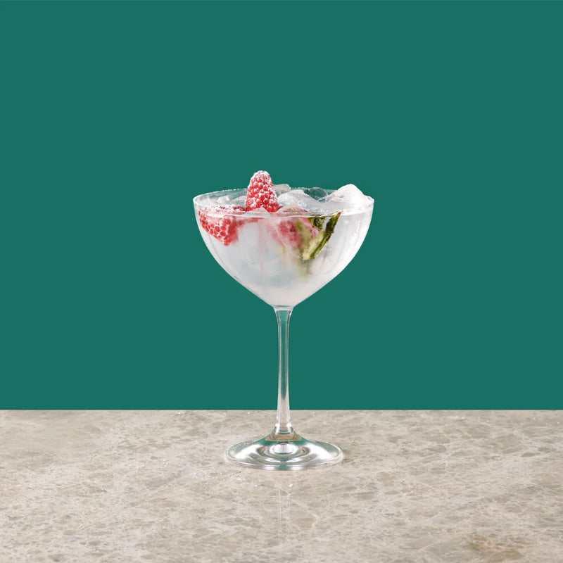 Fizz cocktail with raspberries and mint leaves served in a martini glass on a marble counter.