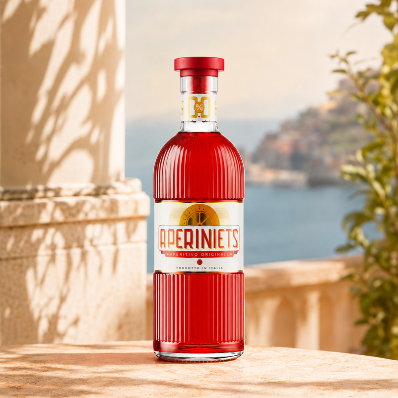 A bottle of Aperniets non alcoholic italian aperitivo sits on a stone terrace with a coastal background. The bottle is ribbed red glass with a red cap and a white label featuring the brand name 'APERNIETS' in red letters.
