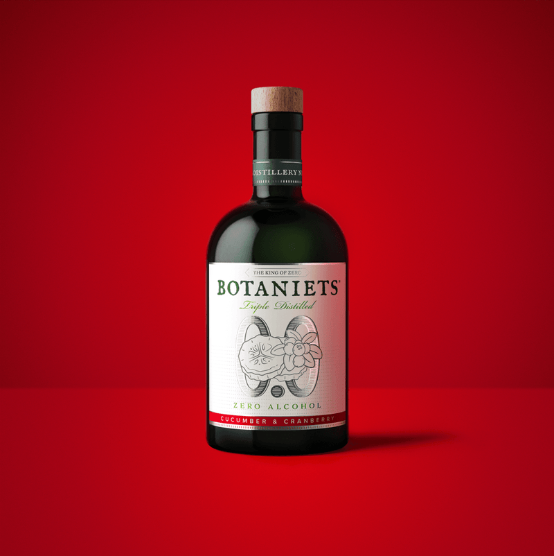 Bottle of Botaniets Cucumber & Cranberry, a non-alcoholic cucumber cranberry botanical spirit with vibrant and crisp taste.