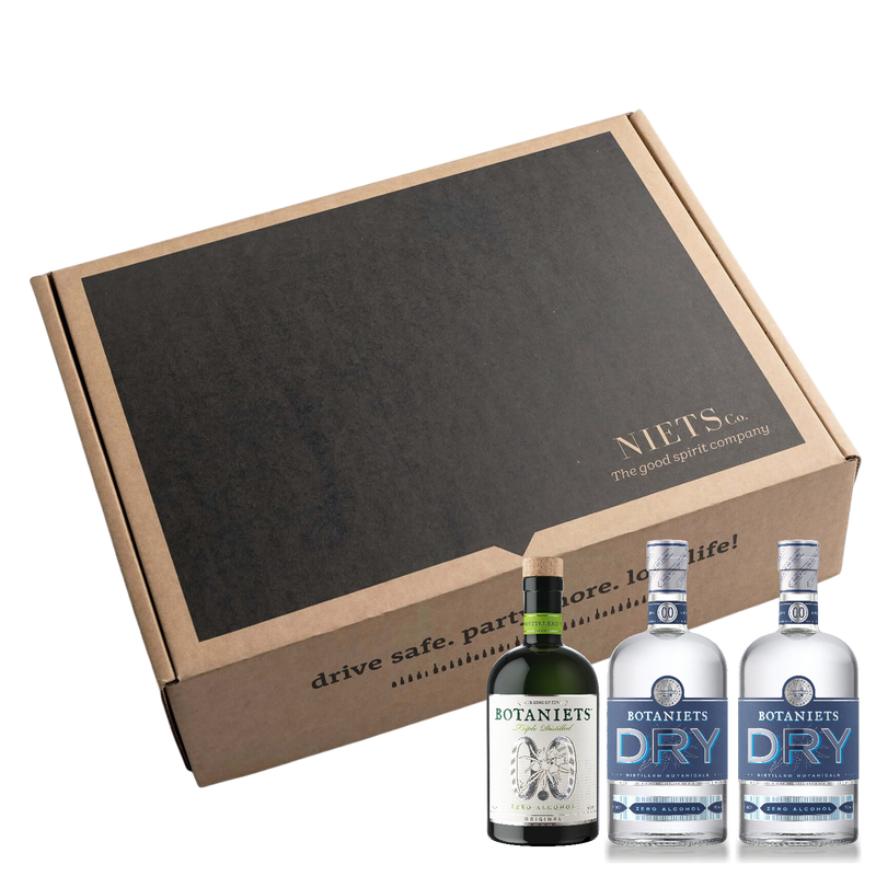 Three bottles of Botaniets botaincal spirits in front of a branded box
