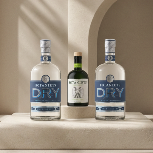 Two large Botaniets Dry gin bottles and one smaller Botaniets Gin bottle arranged on a beige stone surface against a warm beige architectural background with arches.