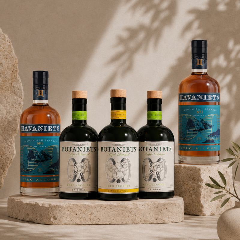 Four bottles of Botanics by Bayanlets liqueur arranged on stone pedestals against a warm beige wall with leaf shadows. Two bottles are dark glass with cream labels and blue accents, and two are amber glass with blue labels.
