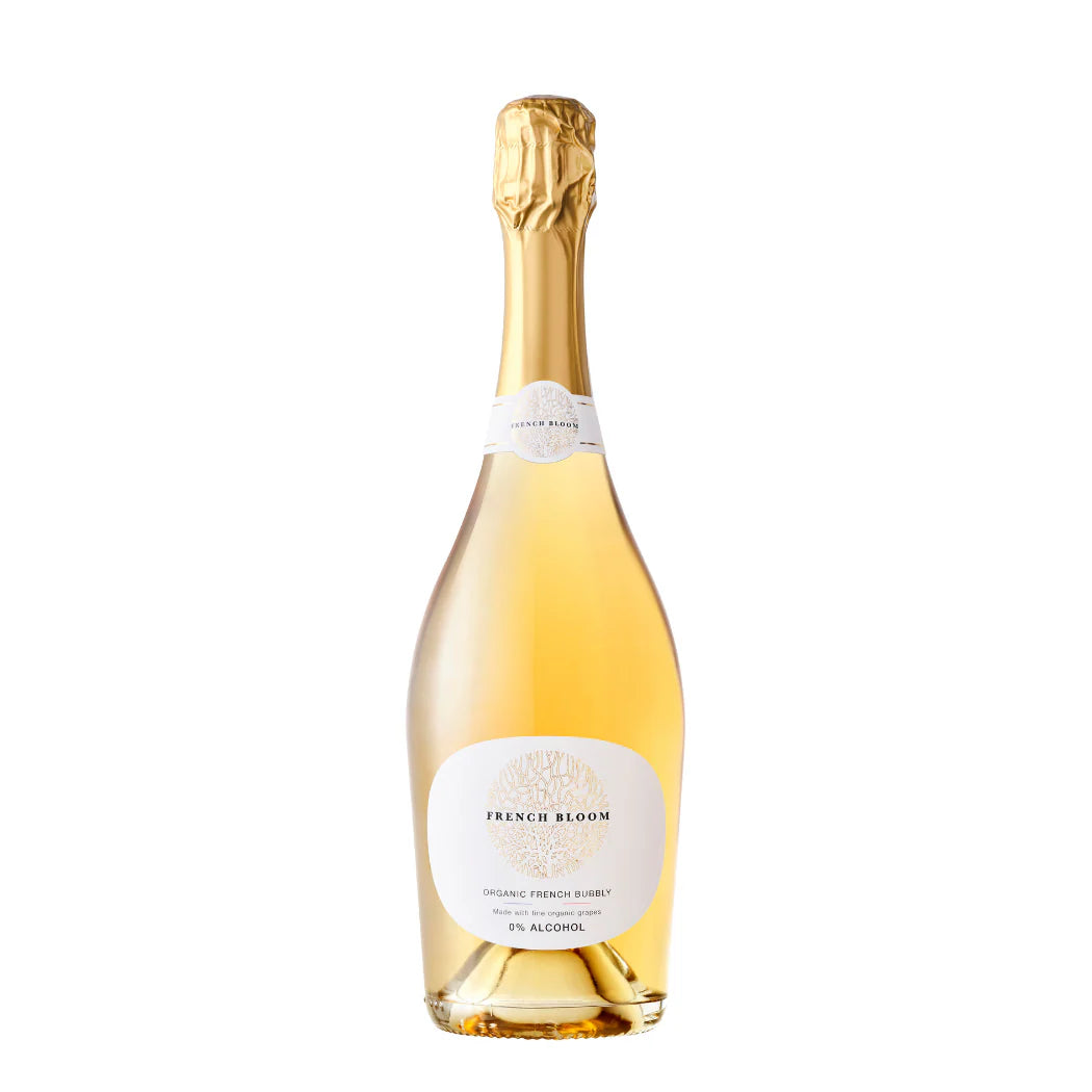 Le "Blanc", French Bloom bottle of organic sparkling wine with elegant design and golden hue.