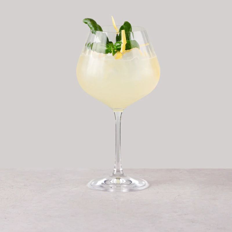 Shady Grove cocktail served in a balloon glass with basil garnish and lemon zest.