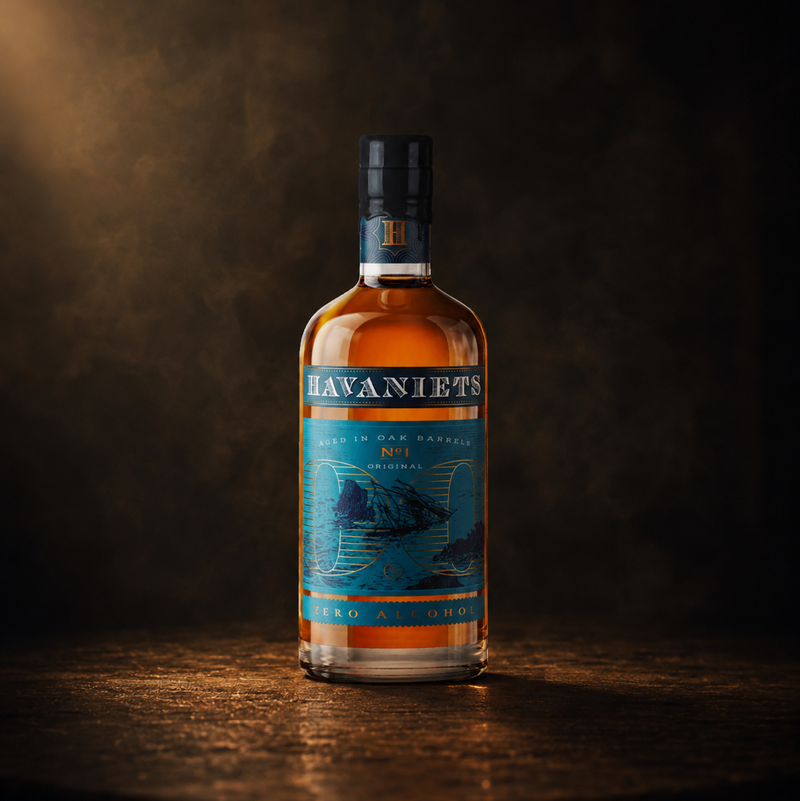 A bottle of Havaniets non alcoholic Rum whiskey stands on a dark wooden surface against a moody, dark brown background with dramatic lighting.