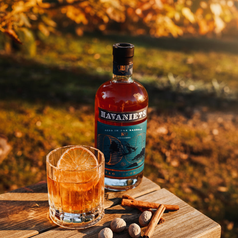 Havaniets Rum bottle with cocktails glass outside